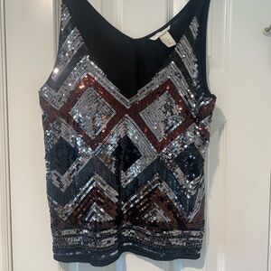 Sequin Geometric Pattern Top - Black, Silver, Brown